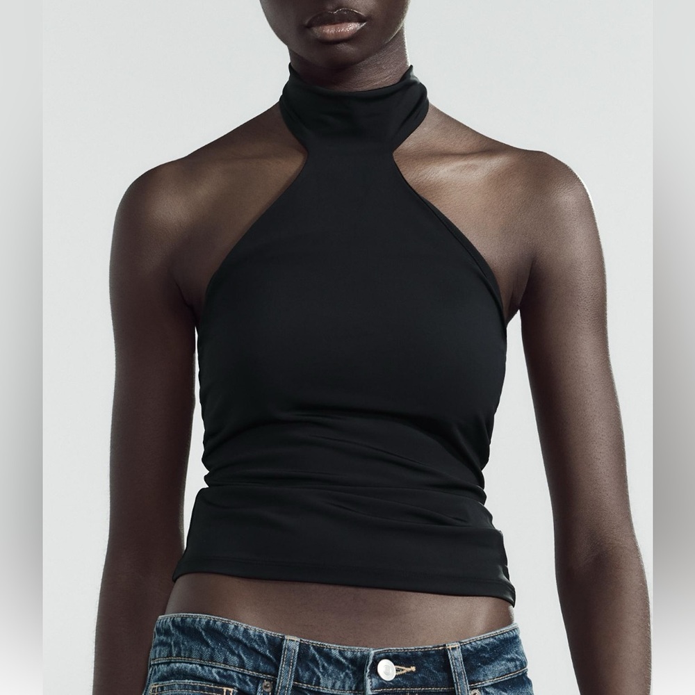 Zara Black Fitted Backless Halter Top